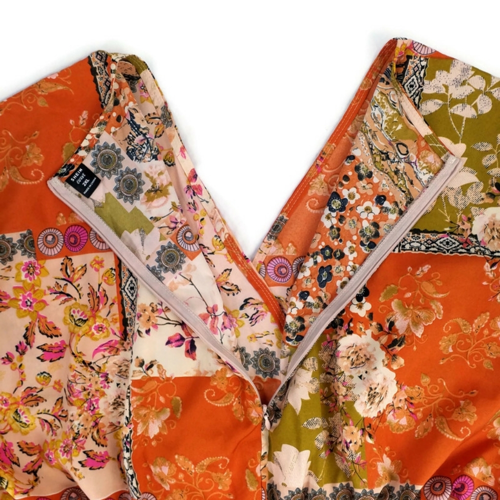 Shein Orange Patchwork Floral Print Surplice V-Ne… - image 8